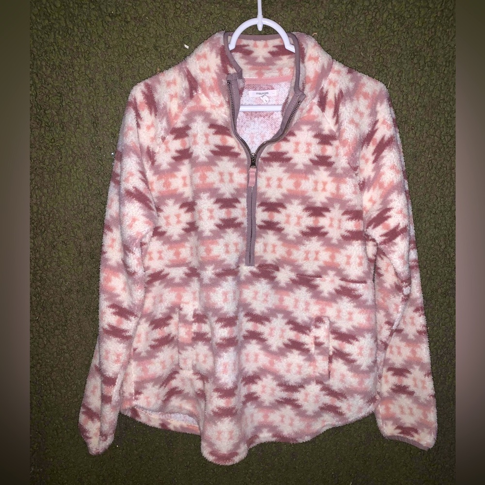 Maurices Sweater Womens Large White Pink Patterned 1/4 Zip